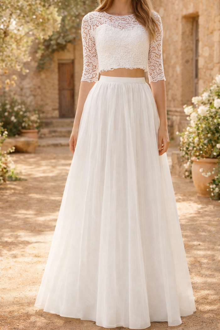 Piper | Lace Crop Top and Maxi Skirt Wedding Dress Set — White, image 1