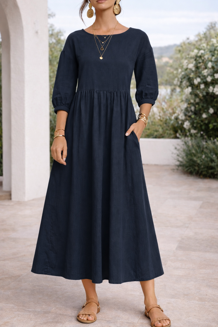 Poppy | Women’s Woven Maxi Smock Dress with 3/4 Sleeves and Pockets — Navy, image 1