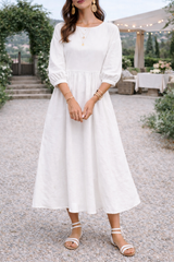 Poppy | Women’s Woven Maxi Smock Dress with 3/4 Sleeves and Pockets — White, image 3