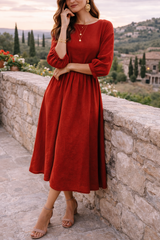 Poppy | Women’s Woven Maxi Smock Dress with 3/4 Sleeves and Pockets — Red, image 5