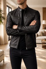 Quentin | Men’s Leather Biker Jacket Zip Front Stand Collar Casual Outerwear — Black, image 2