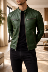 Quentin | Men’s Leather Biker Jacket Zip Front Stand Collar Casual Outerwear — Dark Green, image 3