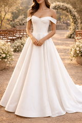 Quinn | Off Shoulder Structured Bodice Maxi Wedding Dress — White, image 1