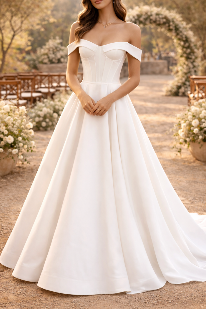 Quinn | Off Shoulder Structured Bodice Maxi Wedding Dress — White, image 1