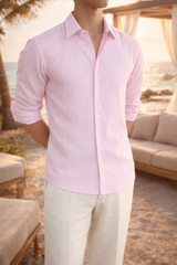 Reece | Men’s Vertical Stripe Linen Shirt Long Sleeve Relaxed Fit — Pink, image 3
