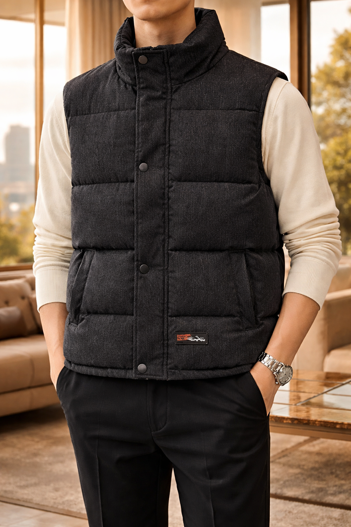 Reggie | Men’s Quilted Puffer Bodywarmer Stand Collar Sleeveless Jacket — Black, image 1