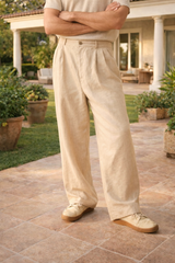 Roger | Men’s Wide Leg Linen Pleated Trousers with Relaxed Fit — Beige, image 2