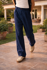 Roger | Men’s Wide Leg Linen Pleated Trousers with Relaxed Fit — Navy, image 3