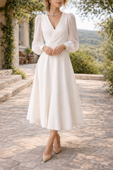Romina | Long Sleeve Wrap Midi Wedding Dress with V-Neck — White, image 1