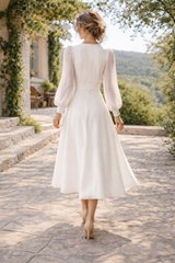Romina | Long Sleeve Wrap Midi Wedding Dress with V-Neck — image 2