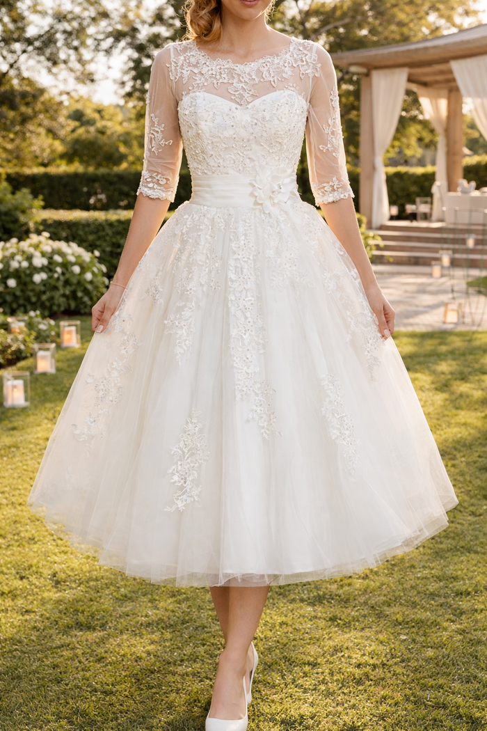 Romy | Lace Overlay A-Line Midi Wedding Dress with Three Quarter Sleeves — White, image 1