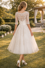 Romy | Lace Overlay A-Line Midi Wedding Dress with Three Quarter Sleeves — image 2