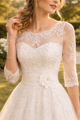 Romy | Lace Overlay A-Line Midi Wedding Dress with Three Quarter Sleeves — image 3
