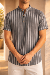 Ronnie | Men’s Short Sleeve Band Collar Shirt Striped Cotton Linen Blend — Gray, image 2
