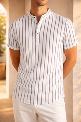 Ronnie | Men’s Short Sleeve Band Collar Shirt Striped Cotton Linen Blend — White, image 3