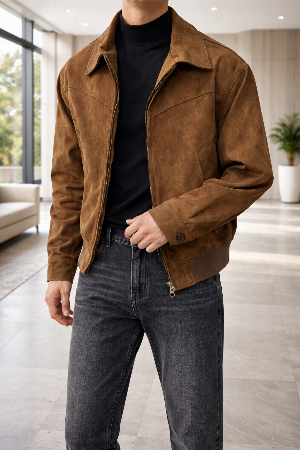 Rowan | Men’s Suede Leather Zip Jacket with Collar — Brown, image 1