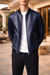 Rupert | Men’s Leather Bomber Jacket Zip Front Rib Trim Casual Outerwear — Blue, image 2