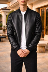 Rupert | Men’s Leather Bomber Jacket Zip Front Rib Trim Casual Outerwear — Black, image 3