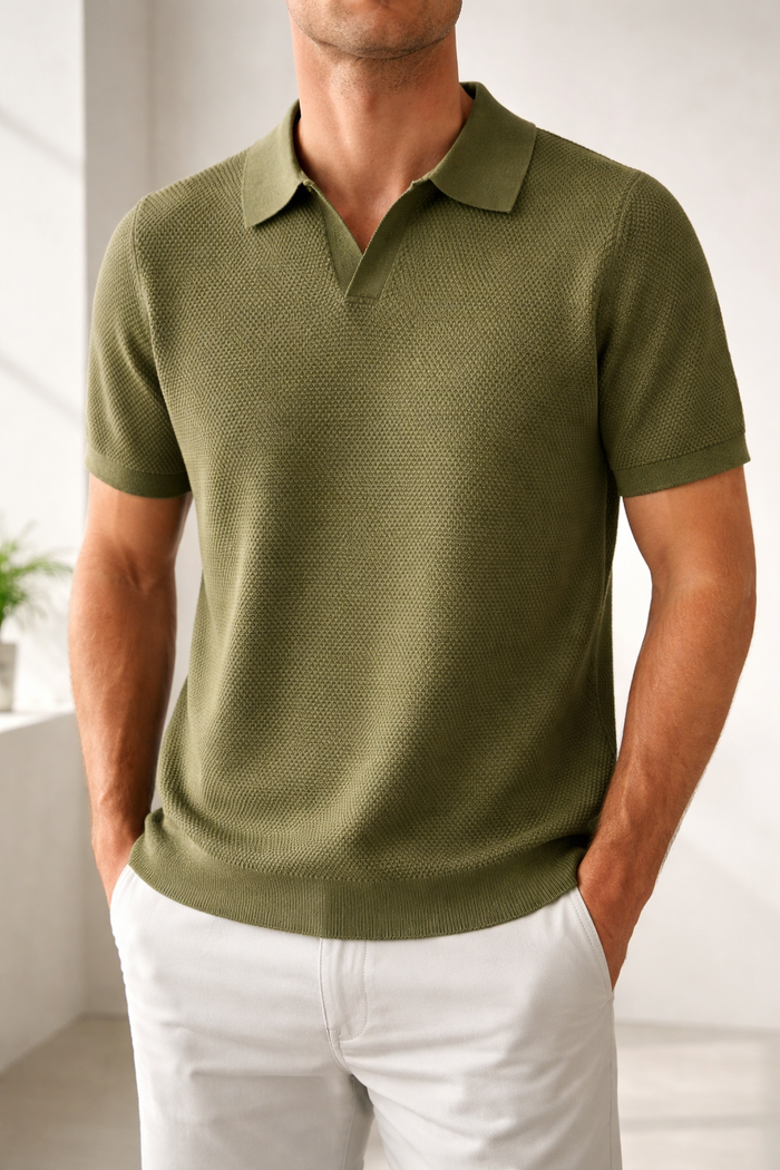 Samuel | Men’s Textured Knit Polo Shirt Short Sleeve Casual Collar Top — Green, image 1