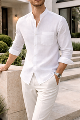 Shane | Men’s Grandad Collar Linen Blend Shirt with Button Front — White, image 1