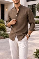 Shane | Men’s Grandad Collar Linen Blend Shirt with Button Front — Brown, image 2