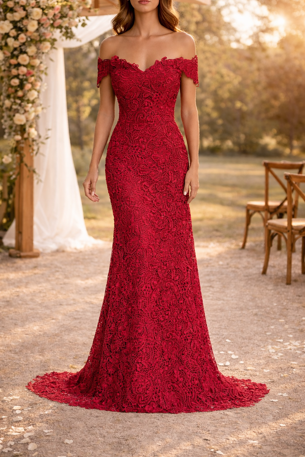 Sienna | Off Shoulder Lace Fitted Maxi Wedding Dress — Red, image 1
