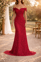 Sienna | Off Shoulder Lace Fitted Maxi Wedding Dress — Red, image 1
