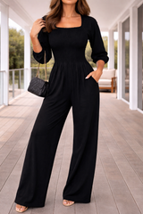 Sienna | Women's Smocked Square Neck Wide Leg Jumpsuit — Black, image 3