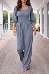 Sienna | Women's Smocked Square Neck Wide Leg Jumpsuit — Gray, image 4