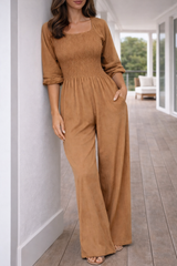 Sienna | Women's Smocked Square Neck Wide Leg Jumpsuit — Cognac Brown, image 5