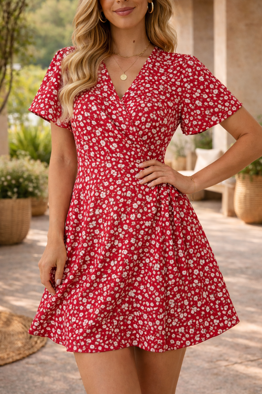 Skye | Floral Wrap Style Mini Dress with Short Sleeves — Red, image 1