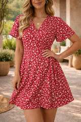 Skye | Floral Wrap Style Mini Dress with Short Sleeves — Red, image 1
