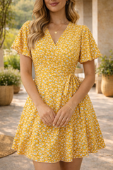 Skye | Floral Wrap Style Mini Dress with Short Sleeves — Yellow, image 2