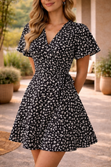 Skye | Floral Wrap Style Mini Dress with Short Sleeves — Black, image 3