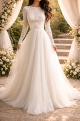 Skye | Lace Bodice Long Sleeve Maxi Wedding Dress — White, image 1