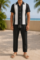 Sonny | Linen Two Piece Set with Short Sleeve Shirt and Straight Leg Trousers — Black, image 2