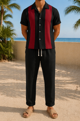 Sonny | Linen Two Piece Set with Short Sleeve Shirt and Straight Leg Trousers — Red, image 4