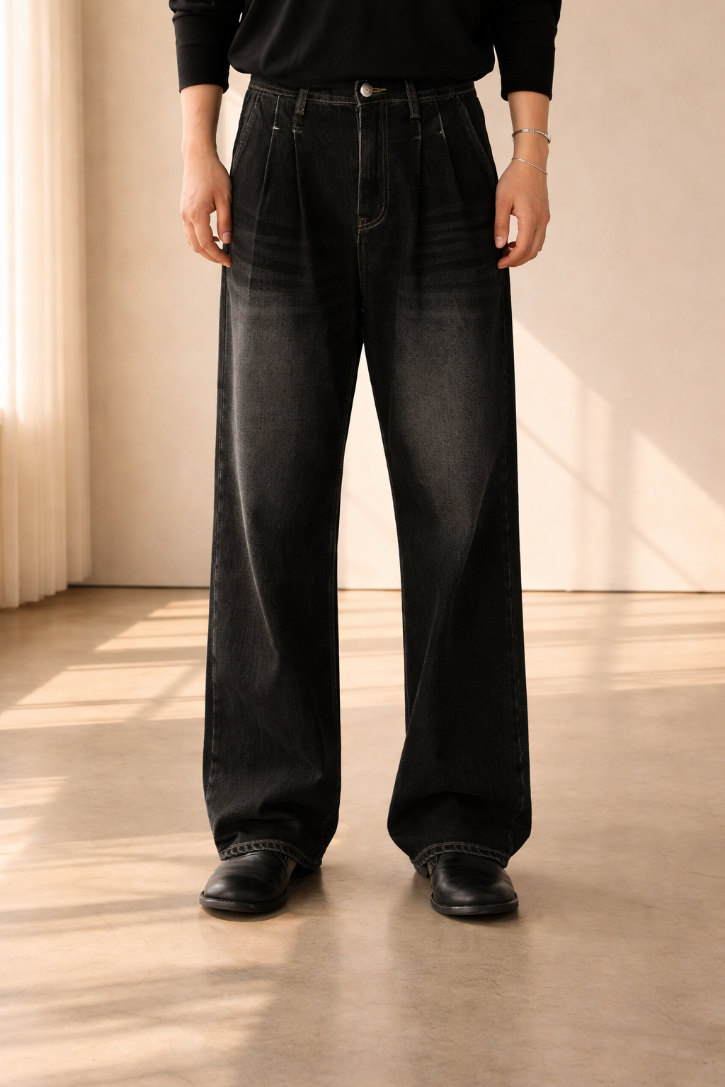 Stuart | Wide Leg Pleated Denim Jeans — Black, image 1
