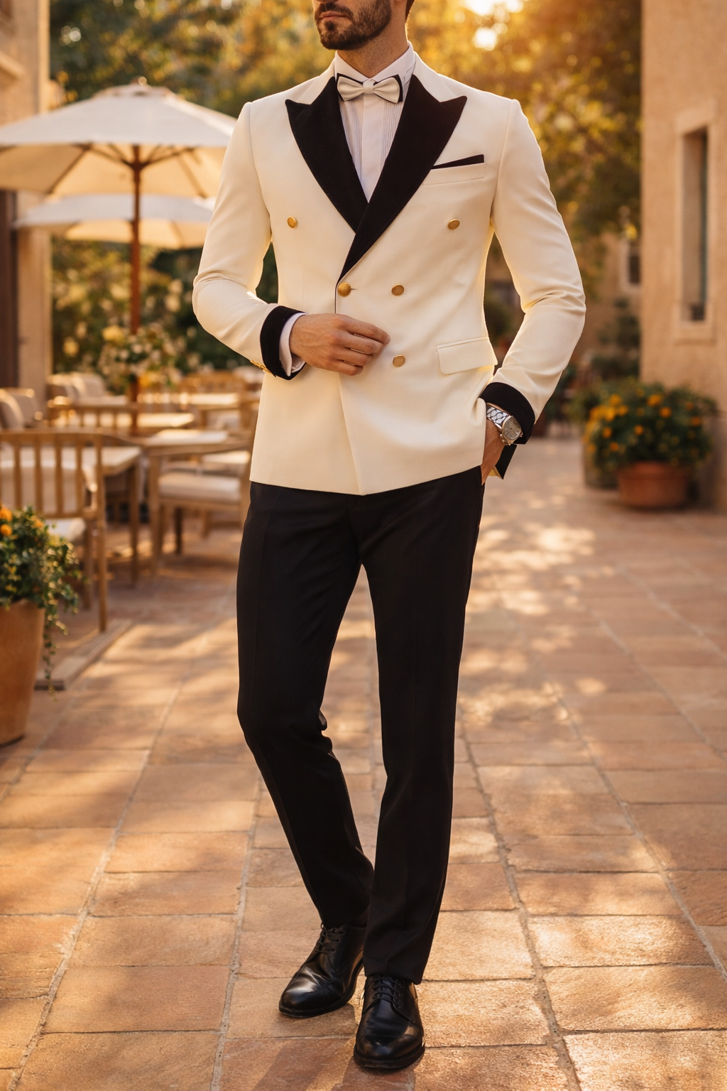 Teddy | Double Breasted Contrast Lapel 2 Piece Wedding Suit Set — White, image 1