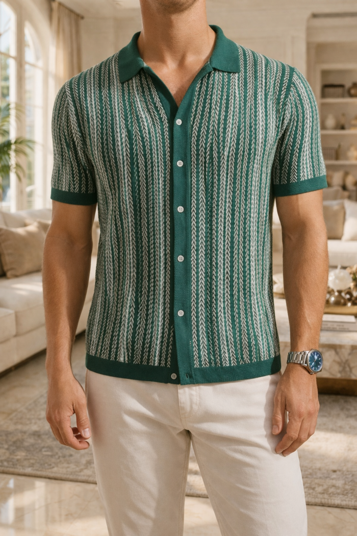Terence | Short Sleeve Knit Button-Up Polo Shirt with Patterned Texture — Green, image 1