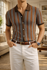 Terence | Short Sleeve Knit Button-Up Polo Shirt with Patterned Texture — Brown, image 2