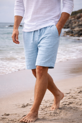 Theo | Men’s Linen Blend Drawstring Shorts — Blue, image 3