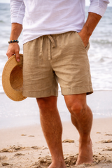 Theo | Men’s Linen Blend Drawstring Shorts — Beige, image 4