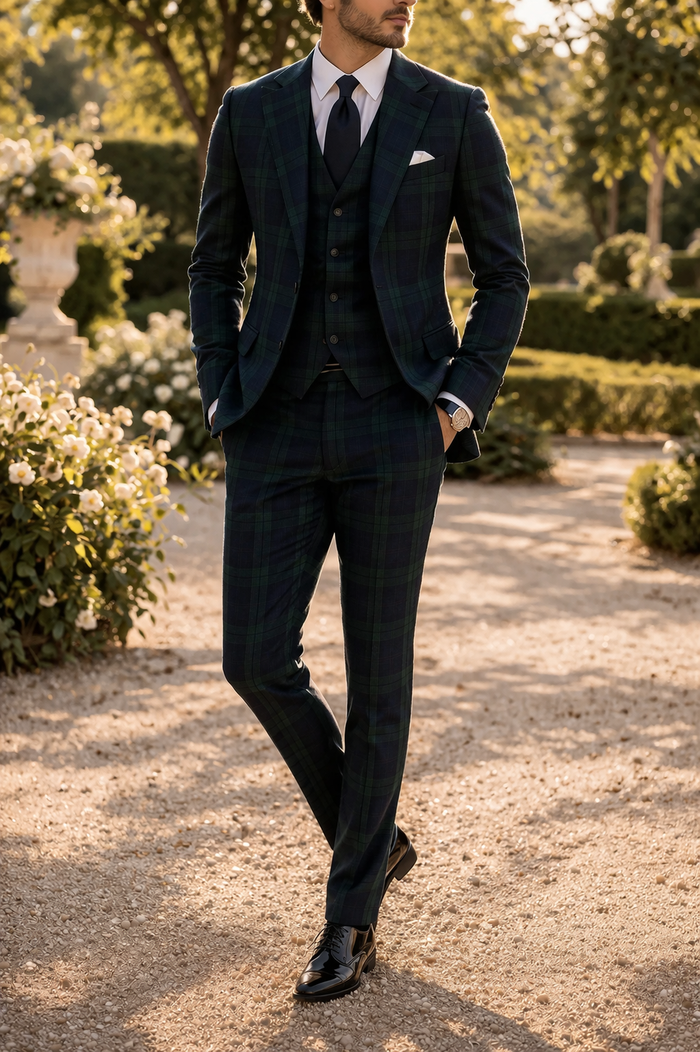 Tobias | Men’s Three Piece Check Tailored Wedding Suit — Dark Green, image 1