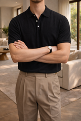 Trevor | Men’s Short Sleeve Knitted Polo Shirt with Button Placket — Black, image 4