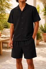 Warren | Men’s Short Sleeve Shirt and Shorts Co-Ord Set Relaxed Fit — Black, image 2