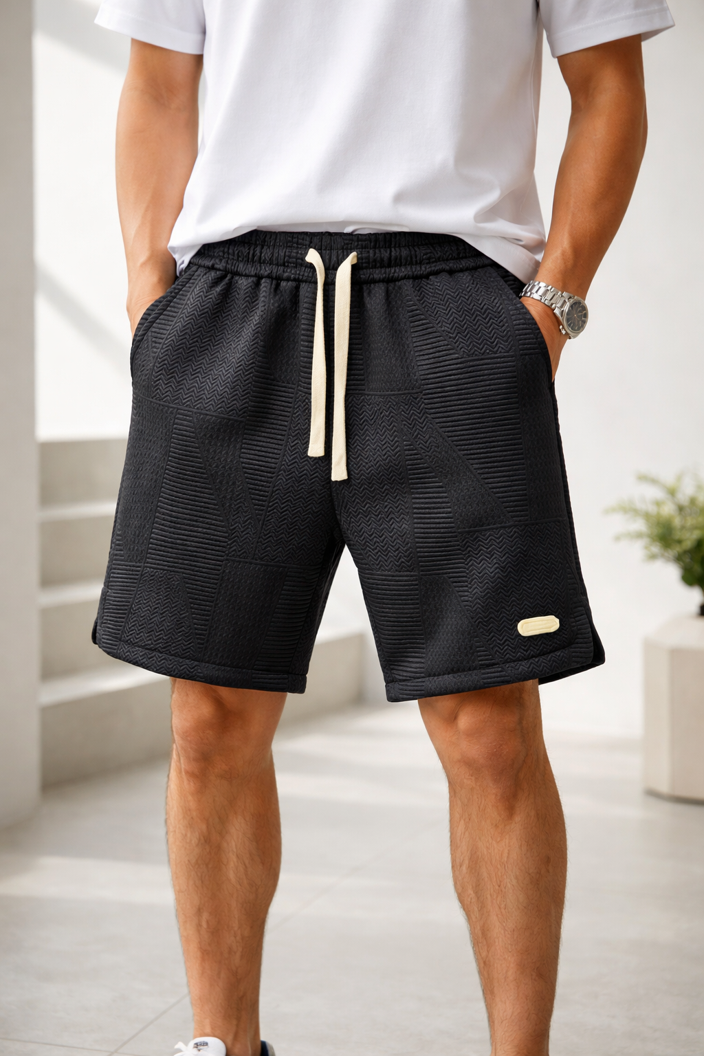 William | Men’s Textured Panel Drawstring Knee-Length Shorts — Black, image 1