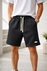 William | Men’s Textured Panel Drawstring Knee-Length Shorts — Black, image 1