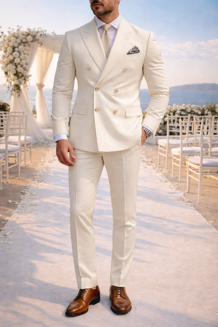 Zac | Double Breasted Tailored 2 Piece Wedding Suit Set — Beige, image 1