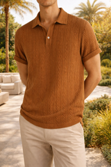 Zach | Men’s Textured Knit Polo Shirt Short Sleeve Relaxed Fit — Brown, image 1